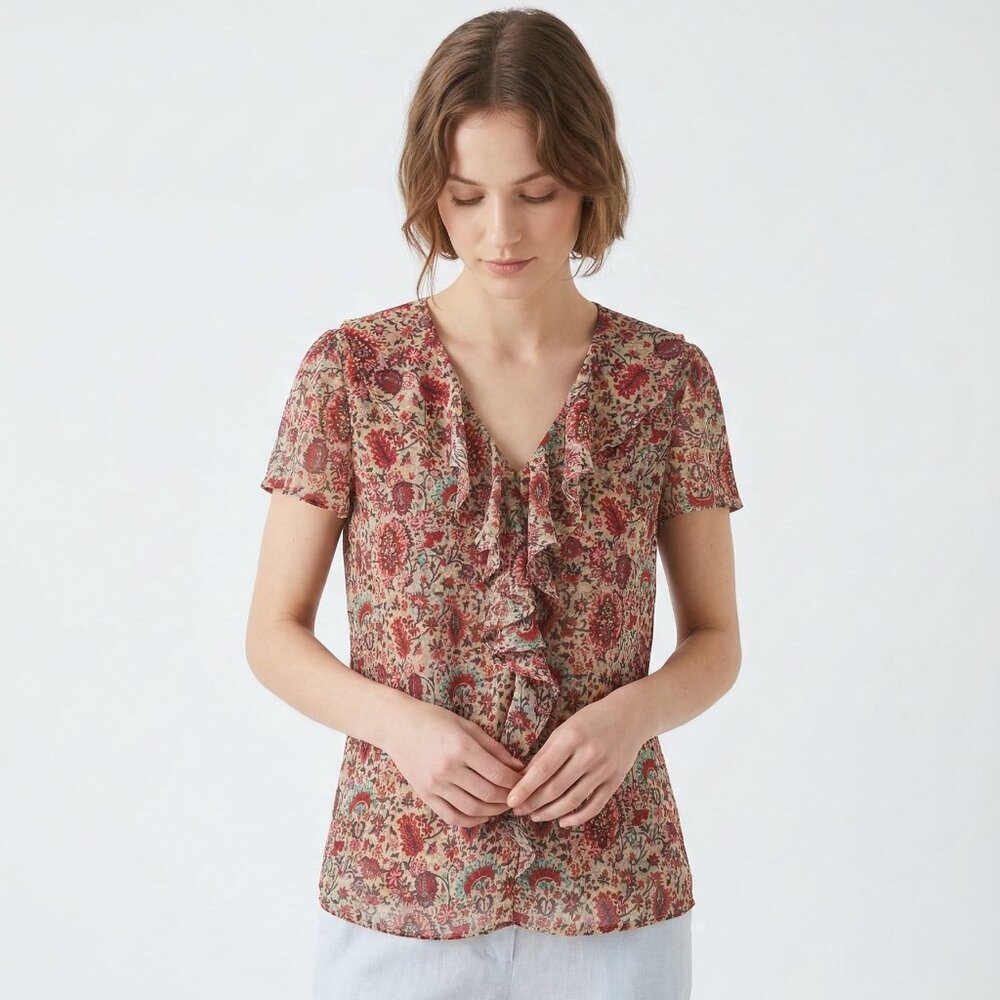 Chaps Blouse Pink Floral Coquette Ruffle Summer Dainty Festival 8